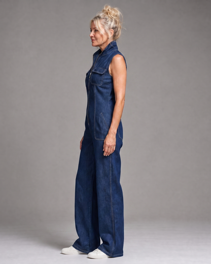 Samantha™ | Zip Front Sleeveless Denim Wide Leg Jumpsuit