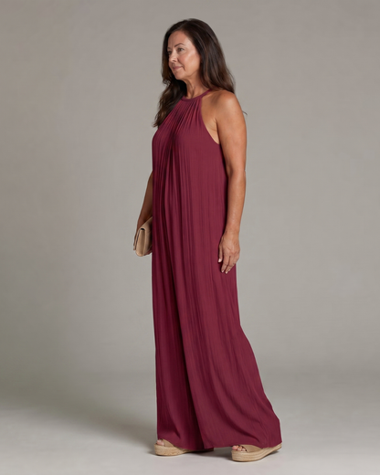 Sylvara™ | Pleated Halter Neck Wide Leg Relaxed Jumpsuit