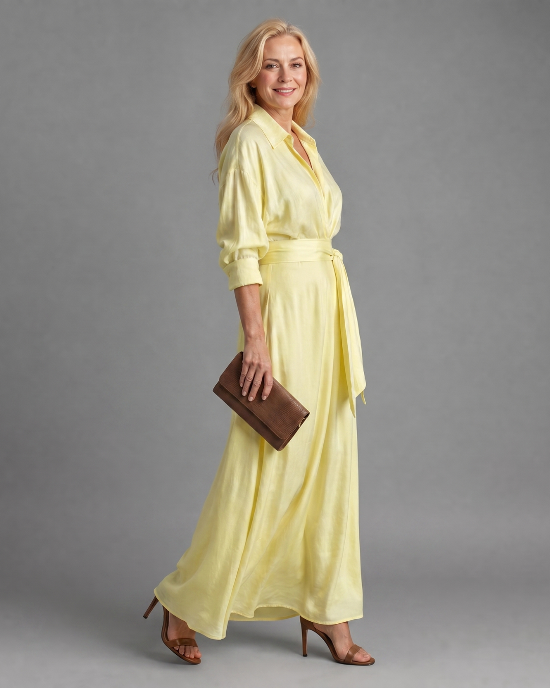 Zelith™ | Belted Collared Flowing Long Sleeve Midi Dress
