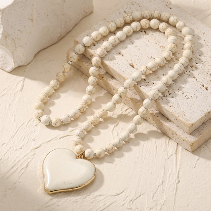 Turquoise Heart Bead Necklace - White