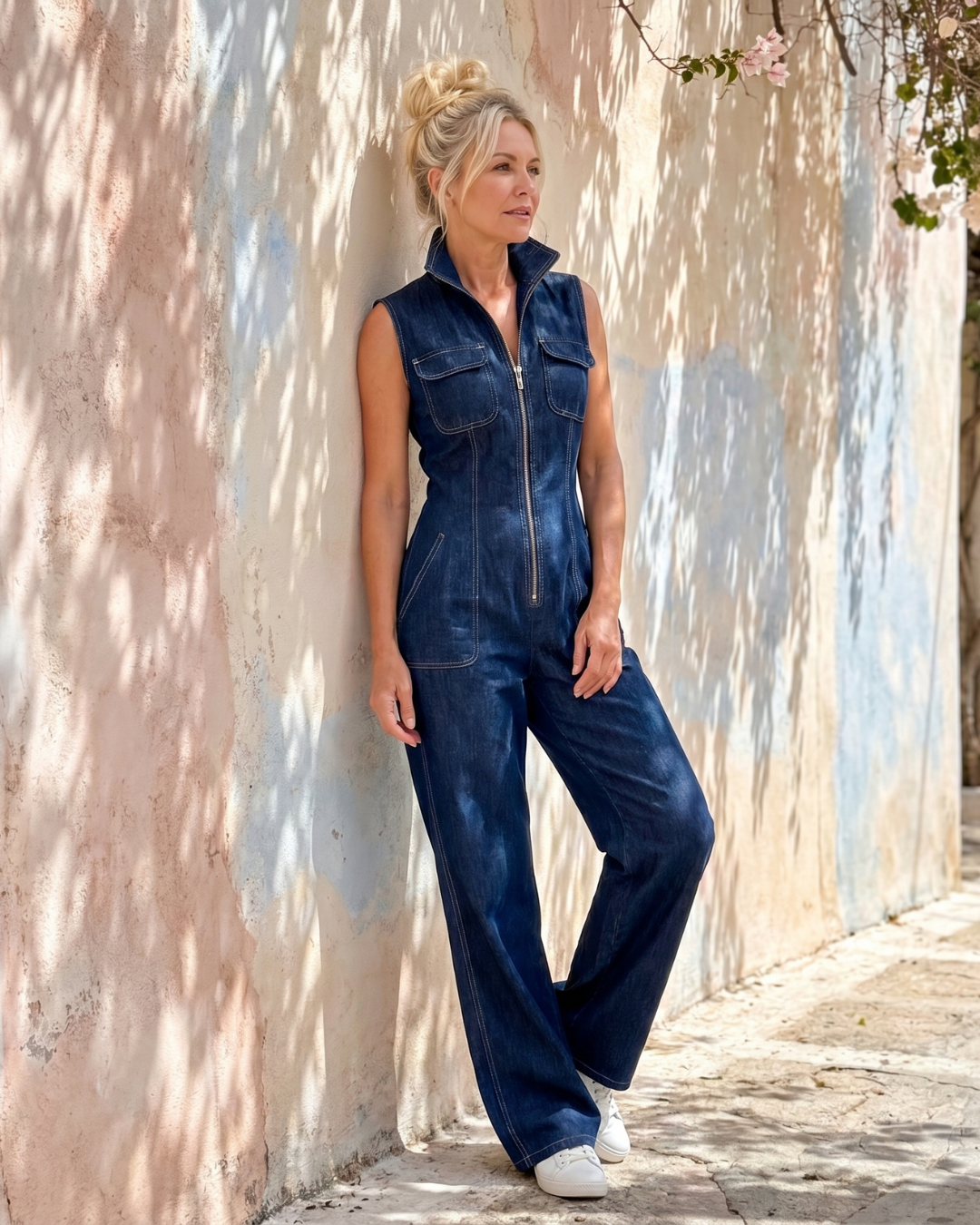 Samantha™ | Zip Front Sleeveless Denim Wide Leg Jumpsuit
