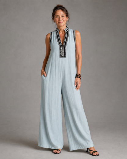 Velmira™ | Embroidered V Neck Sleeveless Wide Leg Jumpsuit