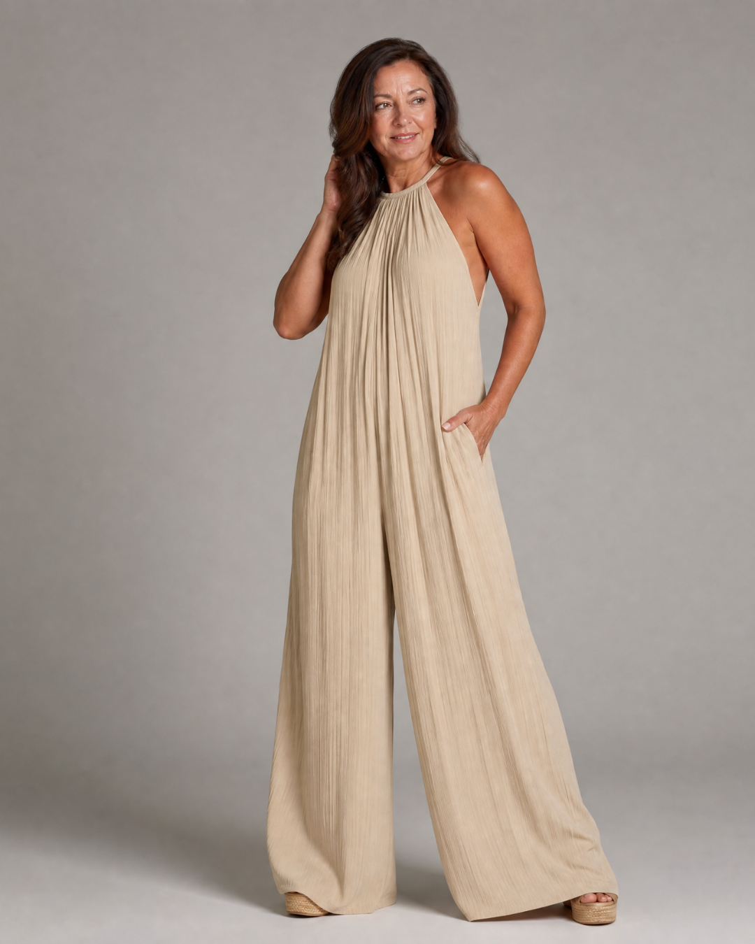 Sylvara™ | Pleated Halter Neck Wide Leg Relaxed Jumpsuit