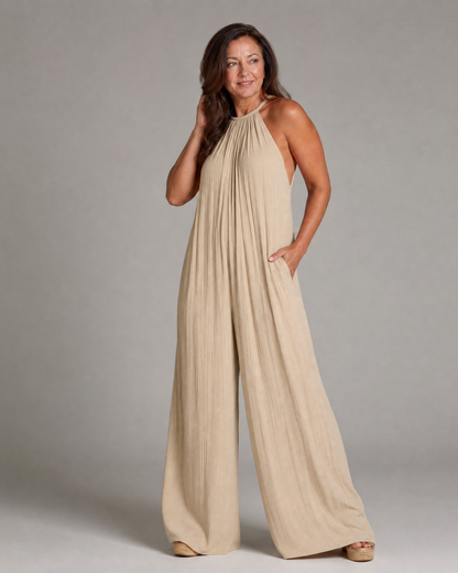 Sylvara™ | Pleated Halter Neck Wide Leg Relaxed Jumpsuit