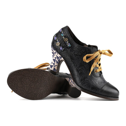 Floral Embossed Lace-Up Heels