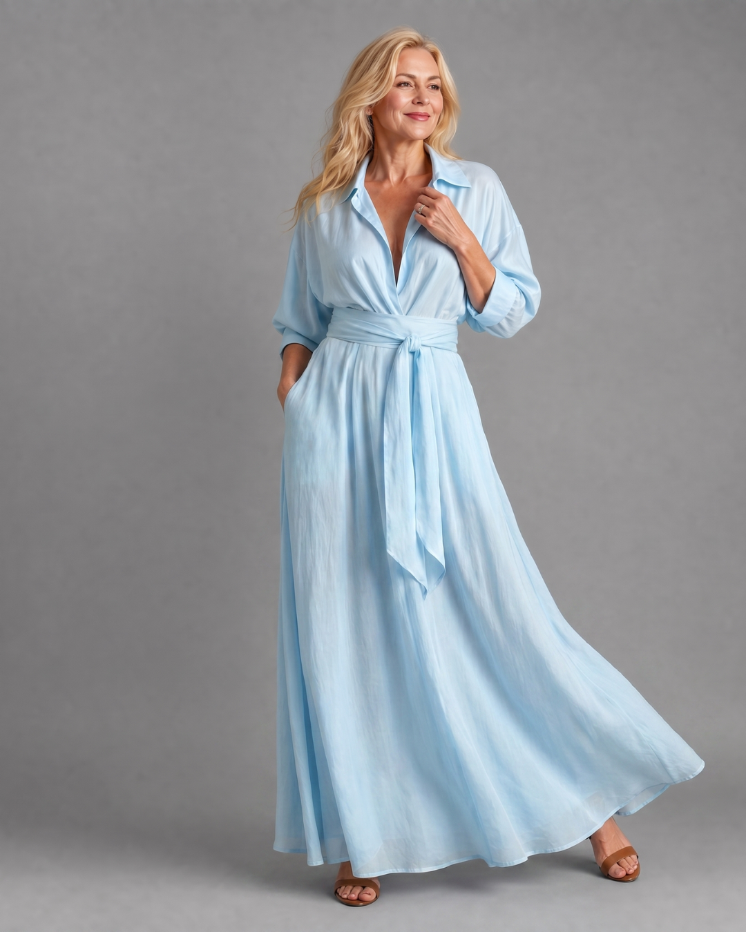 Zelith™ | Belted Collared Flowing Long Sleeve Midi Dress