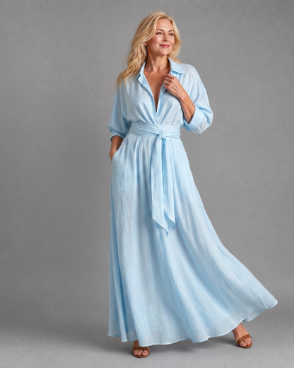 Zelith™ | Belted Collared Flowing Long Sleeve Midi Dress
