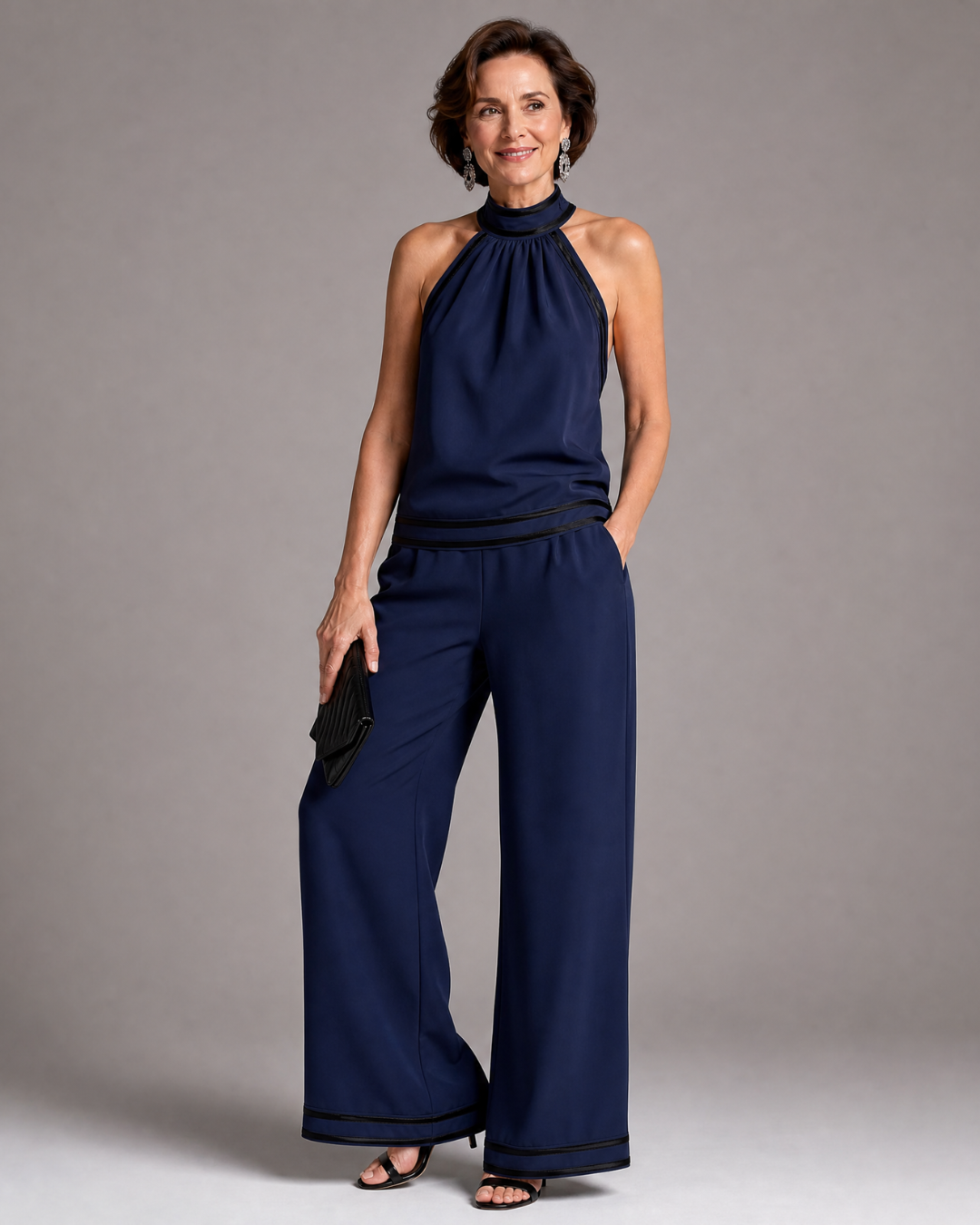 Zephyrine™ | Contrast Trim Halter Neck Wide Leg Jumpsuit