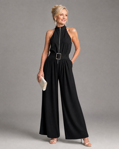 Astrielle™ | Belted High Neck Wide Leg Sleeveless Jumpsuit