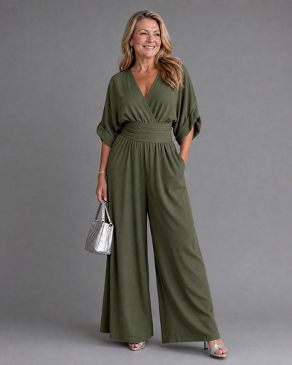 Emene™ | Draped V Neck Wide Leg Relaxed Jumpsuit