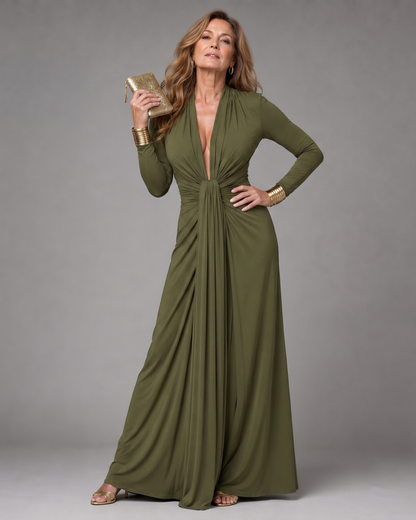 Vimmer™ | Draped Deep V Neck Long Sleeve Maxi Dress