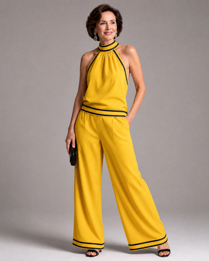 Zephyrine™ | Contrast Trim Halter Neck Wide Leg Jumpsuit