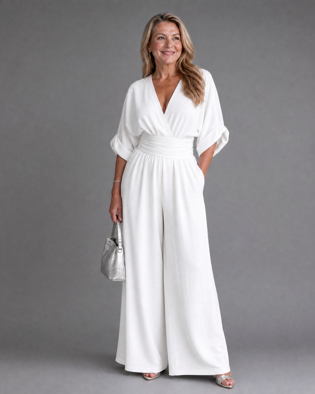 Emene™ | Draped V Neck Wide Leg Relaxed Jumpsuit