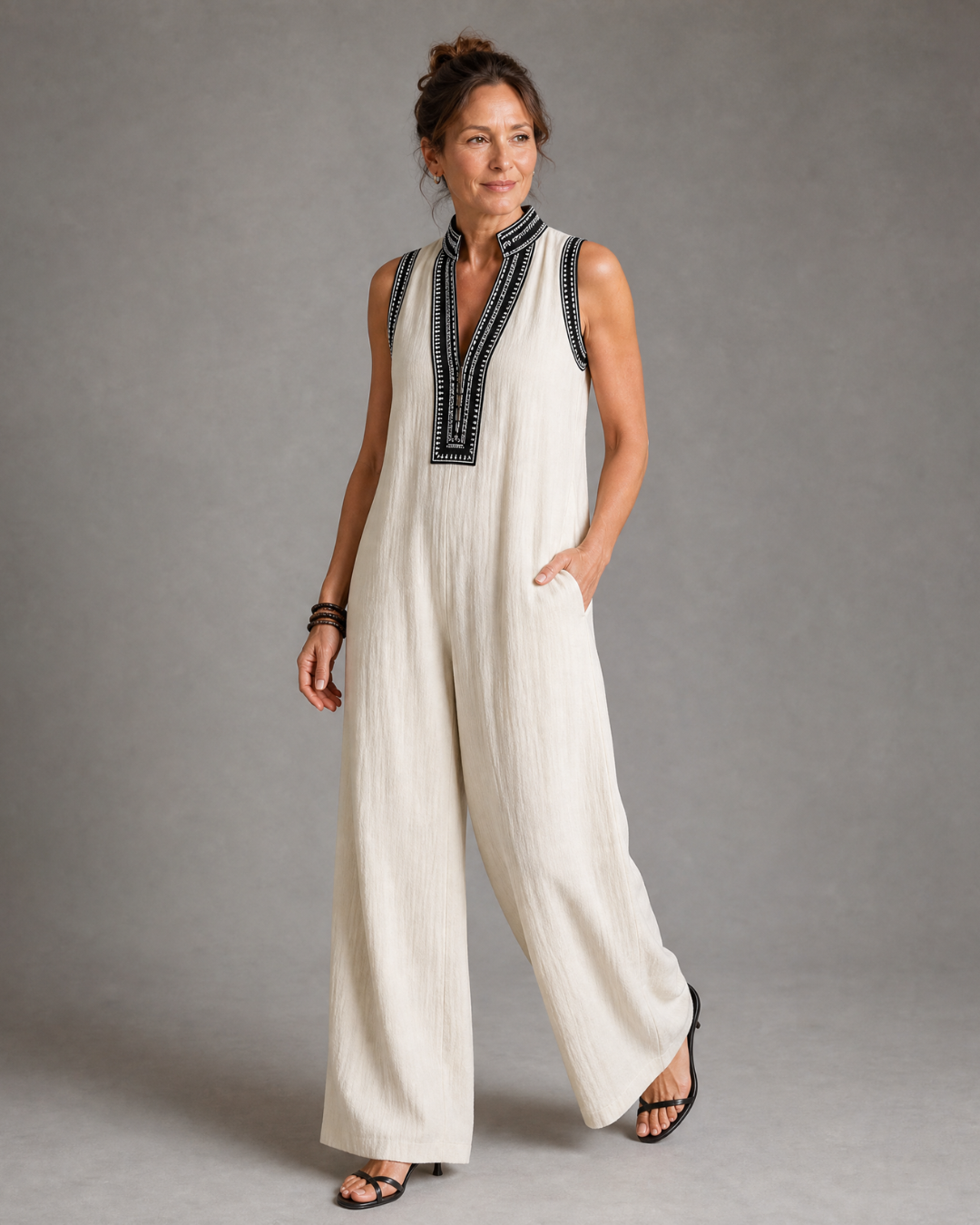 Velmira™ | Embroidered V Neck Sleeveless Wide Leg Jumpsuit