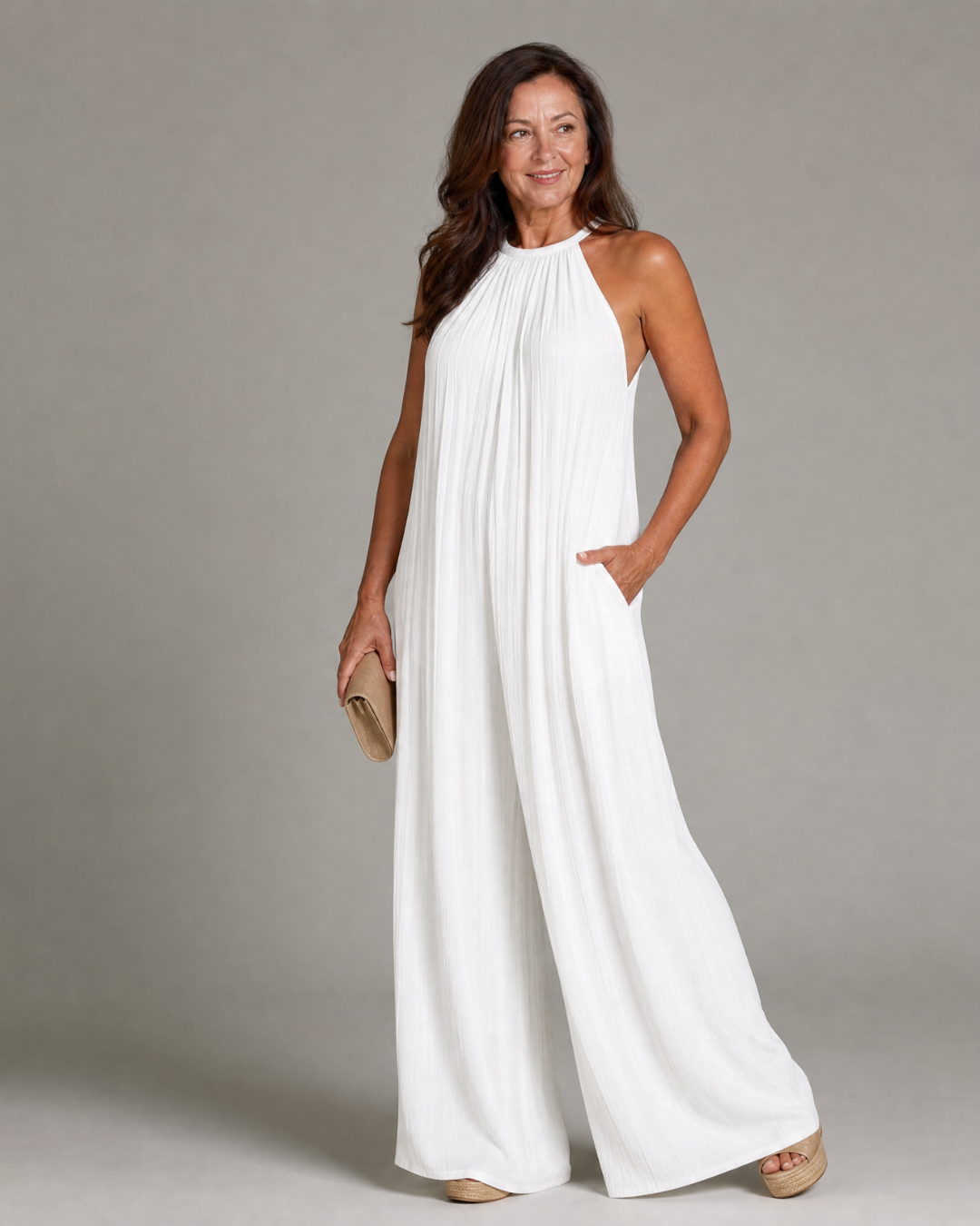 Sylvara™ | Pleated Halter Neck Wide Leg Relaxed Jumpsuit