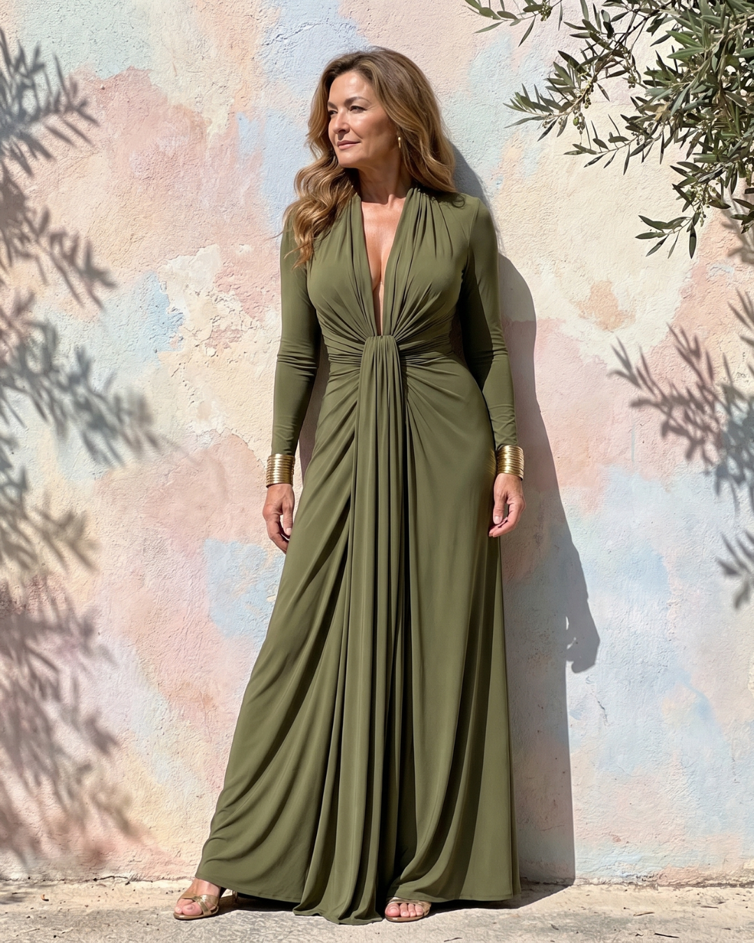 Vimmer™ | Draped Deep V Neck Long Sleeve Maxi Dress