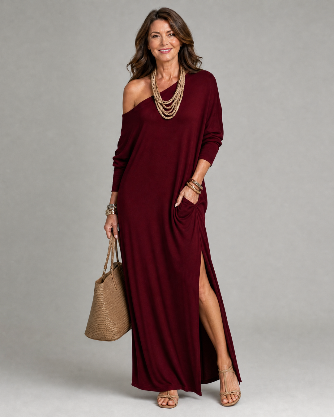 Asterelle™ | One Shoulder Side Slit Flowing Midi Dress
