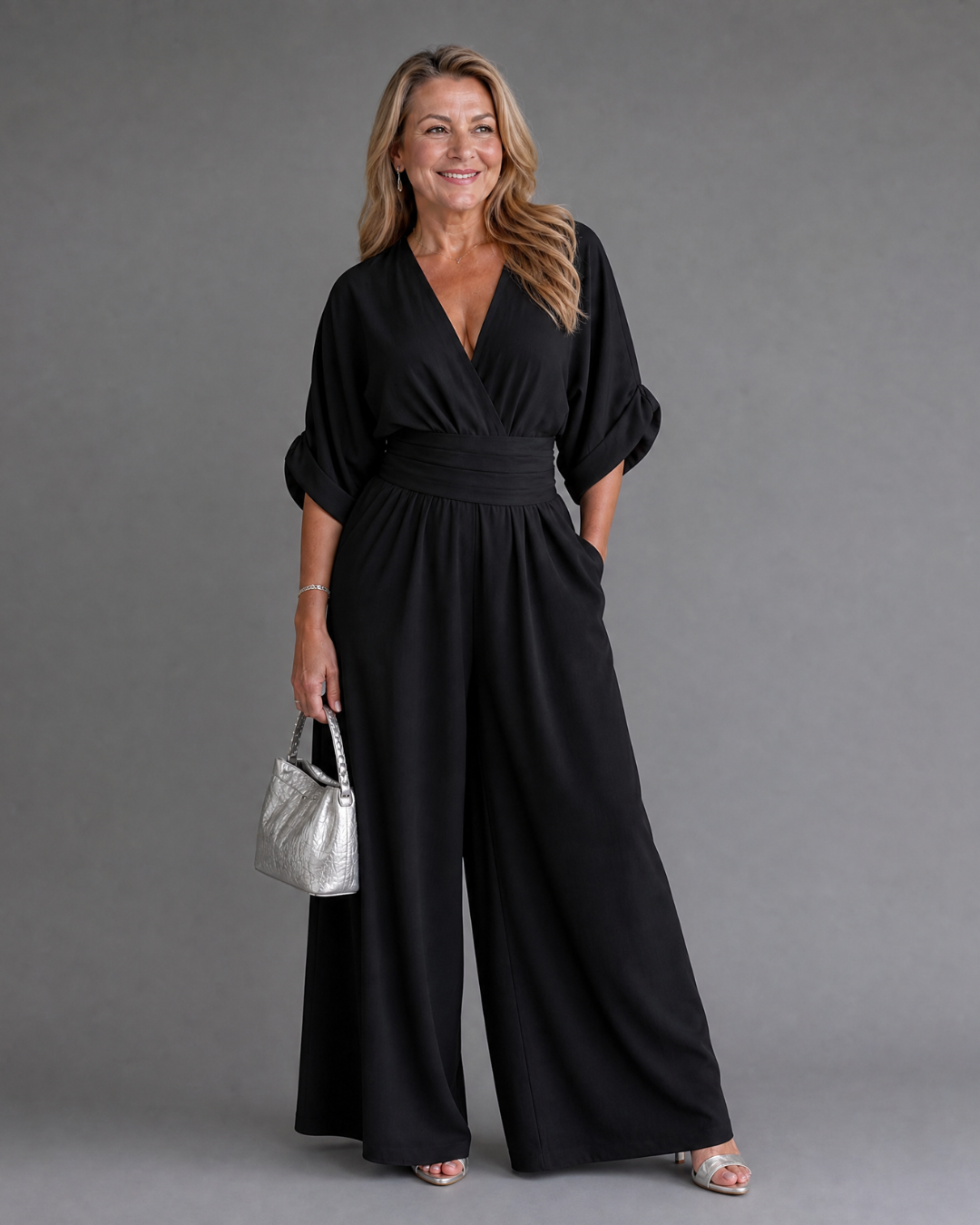 Emene™ | Draped V Neck Wide Leg Relaxed Jumpsuit