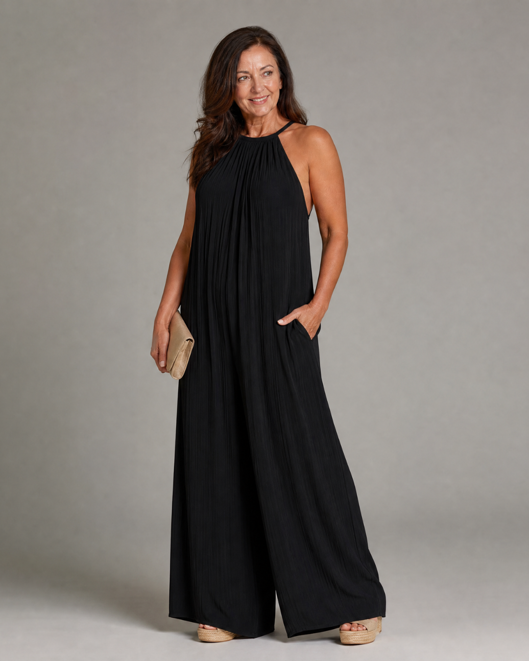 Sylvara™ | Pleated Halter Neck Wide Leg Relaxed Jumpsuit