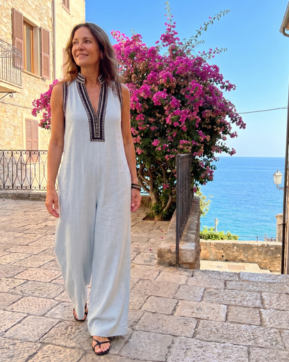 Velmira™ | Embroidered V Neck Sleeveless Wide Leg Jumpsuit
