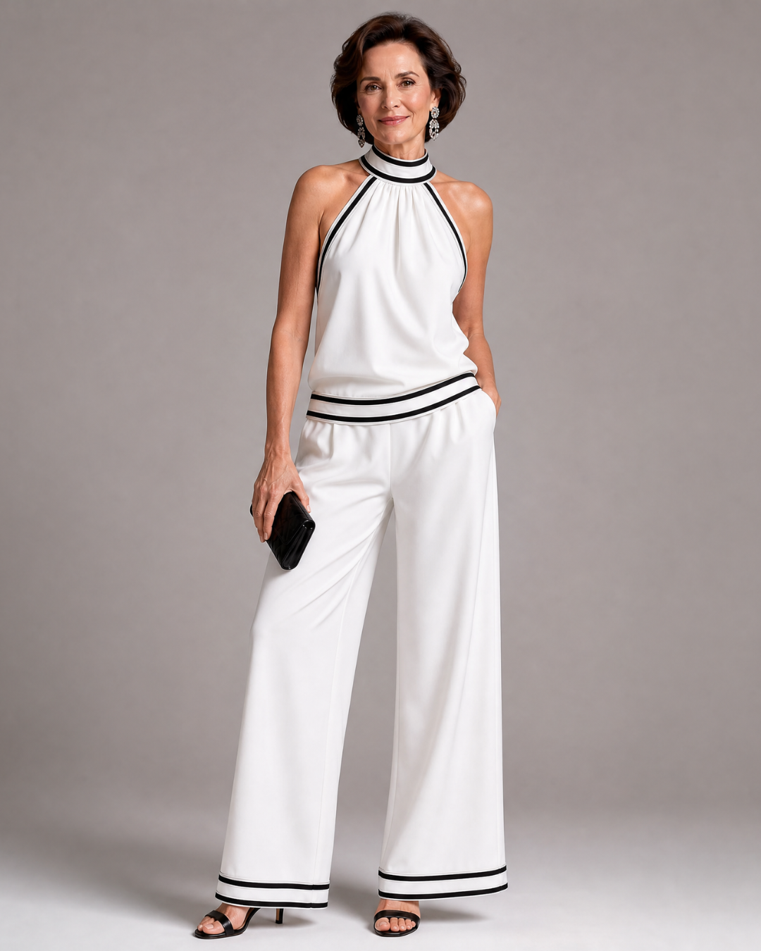 Zephyrine™ | Contrast Trim Halter Neck Wide Leg Jumpsuit