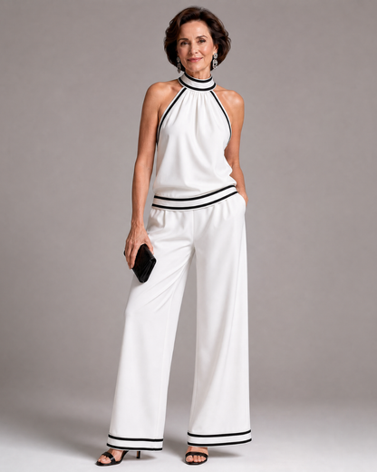 Zephyrine™ | Contrast Trim Halter Neck Wide Leg Jumpsuit