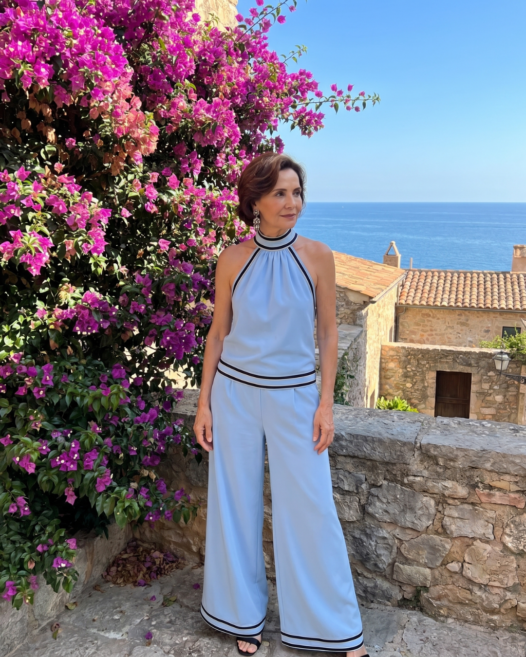 Zephyrine™ | Contrast Trim Halter Neck Wide Leg Jumpsuit