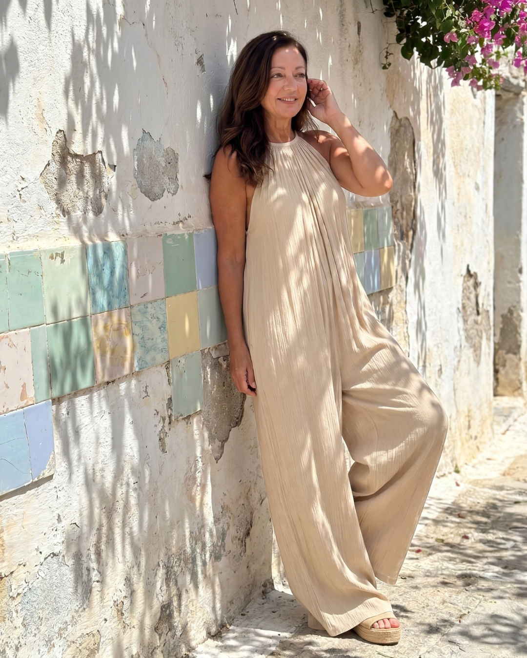 Sylvara™ | Pleated Halter Neck Wide Leg Relaxed Jumpsuit