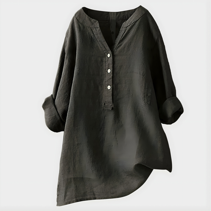 Veronique™ Elegant Cotton-Linen V-Neck Blouse