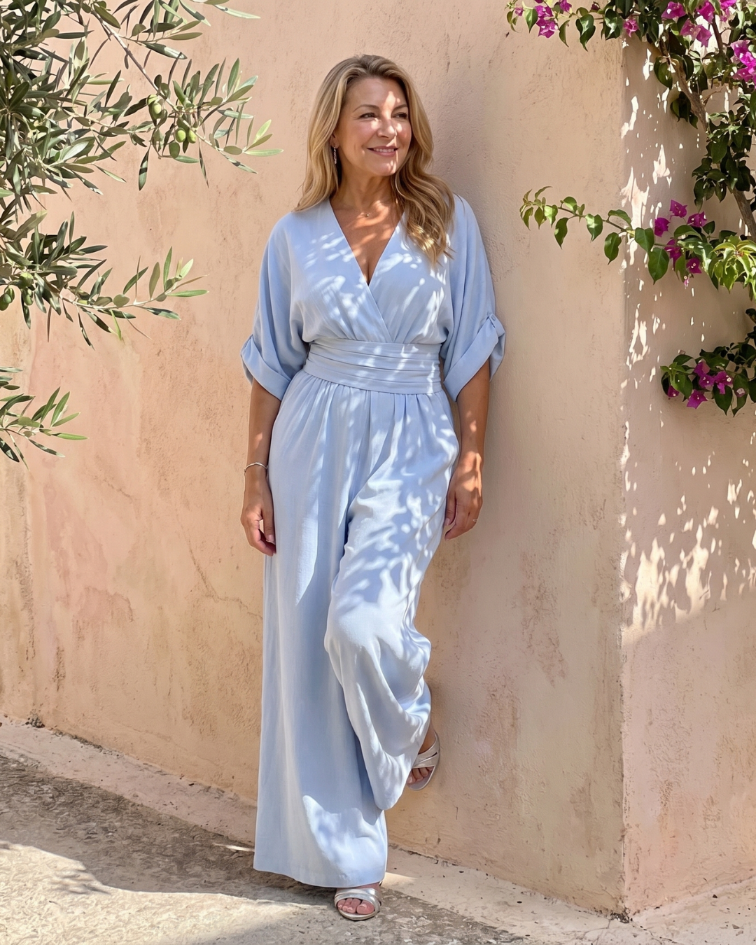 Emene™ | Draped V Neck Wide Leg Relaxed Jumpsuit