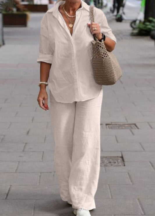 Denice™ Elegant Casual Two Piece Set | Relaxed Button-Up Top and Wide-Leg Trousers