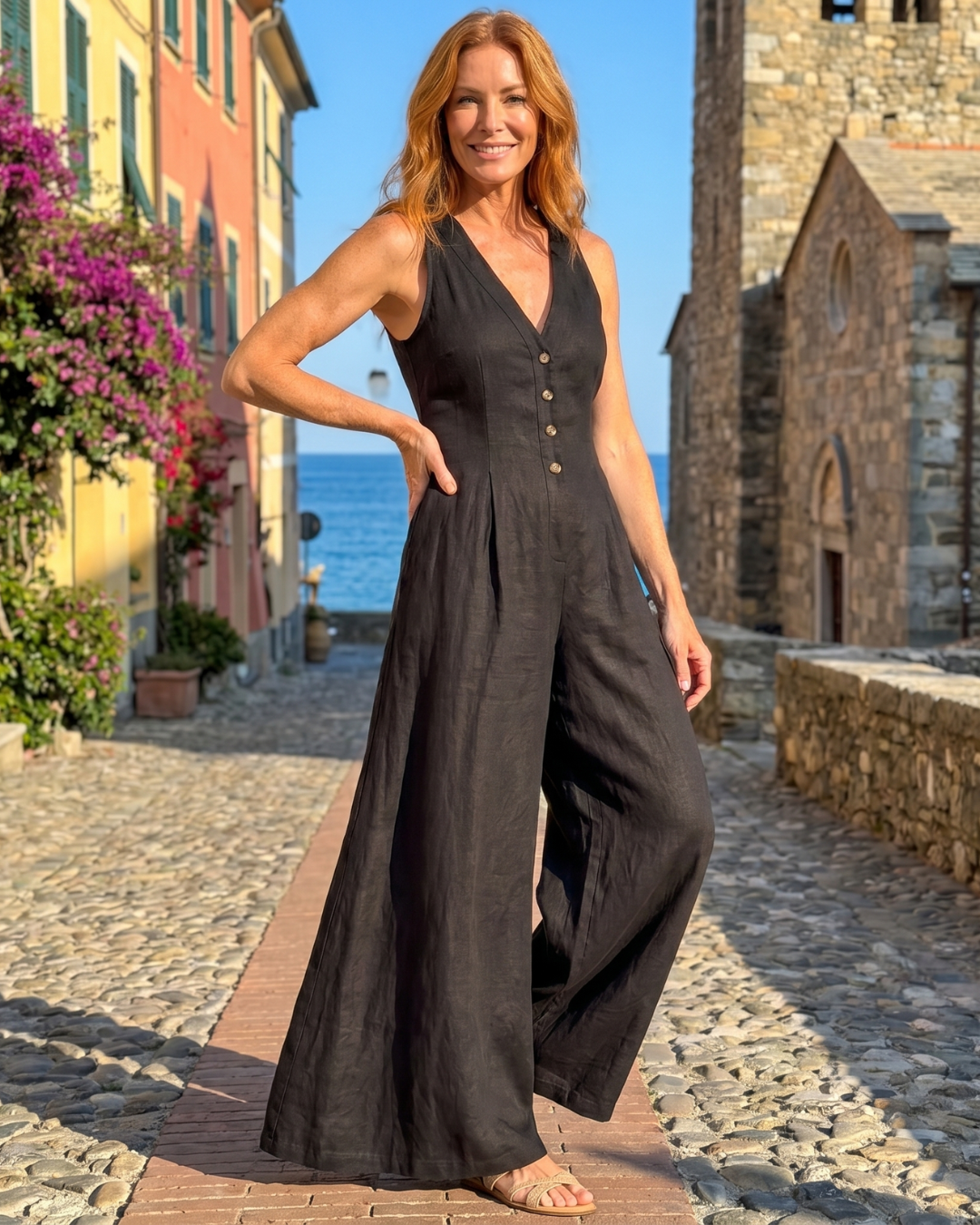 Lyssara™ | Button Front Sleeveless Wide Leg Relaxed Jumpsuit