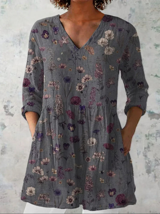 Women's Flowers Art Print Casual V-neck Shirt