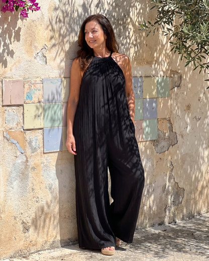Sylvara™ | Pleated Halter Neck Wide Leg Relaxed Jumpsuit