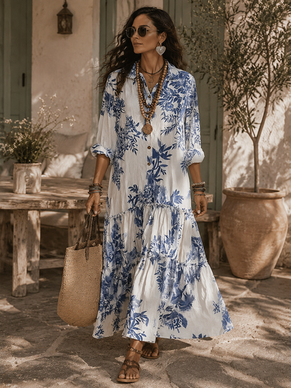 Dahlia™ Bohemian Blue Floral Button-Down Tiered Maxi Dress