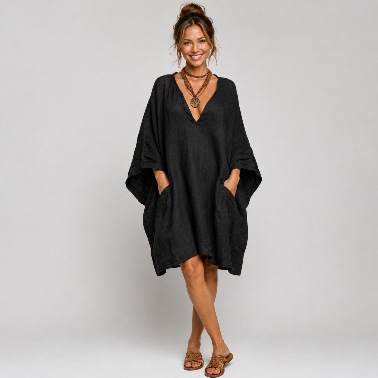 Elea™ Oversized V-Neck Dress - Black