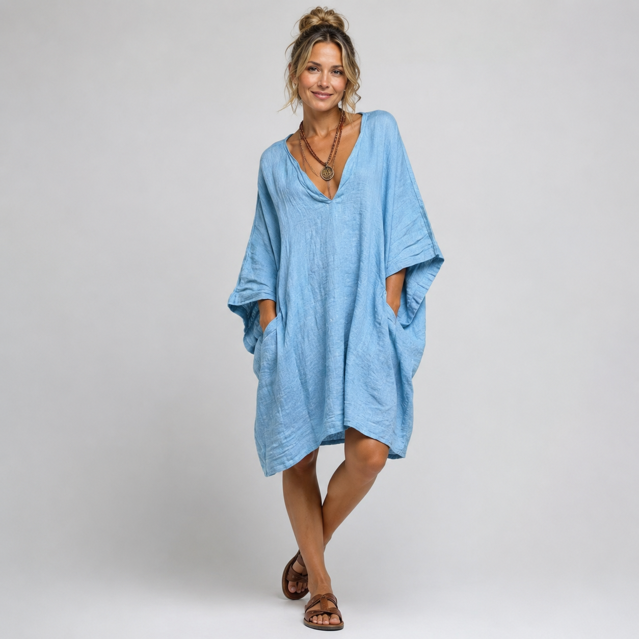 Elea™ Oversized V-Neck Dress - Light Blue
