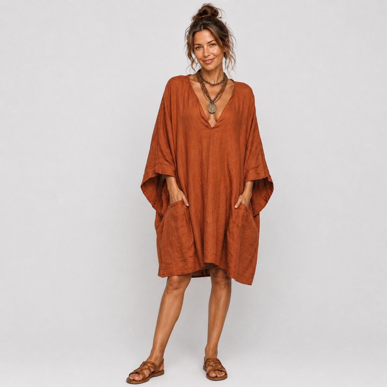 Elea™ Oversized V-Neck Dress - Orange