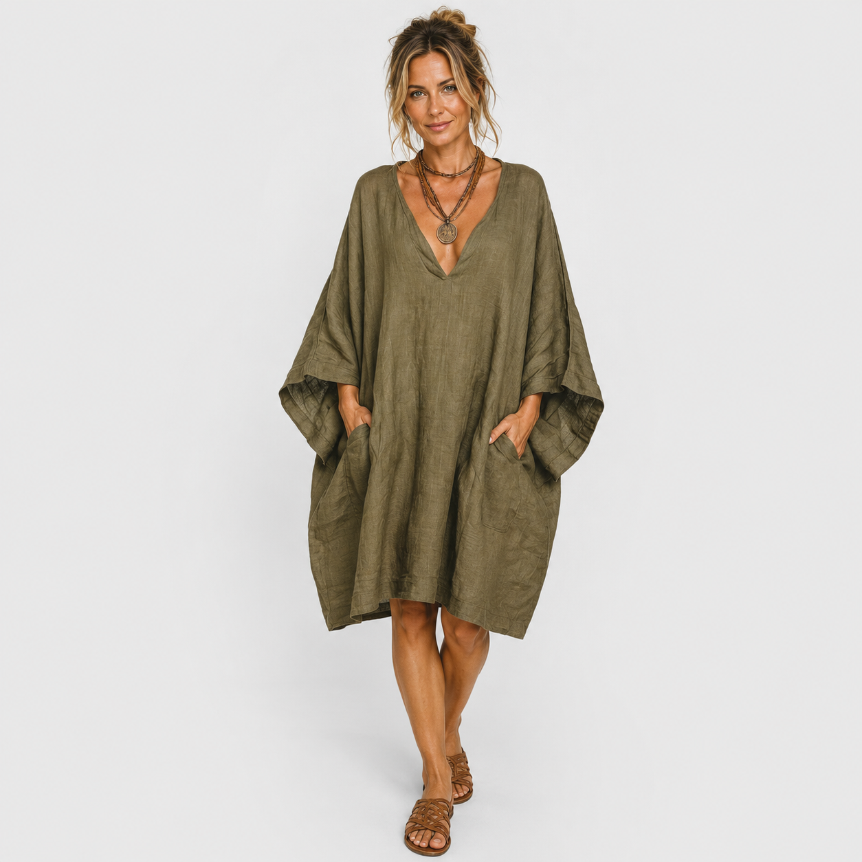 Elea™ Oversized V-Neck Dress - Khaki