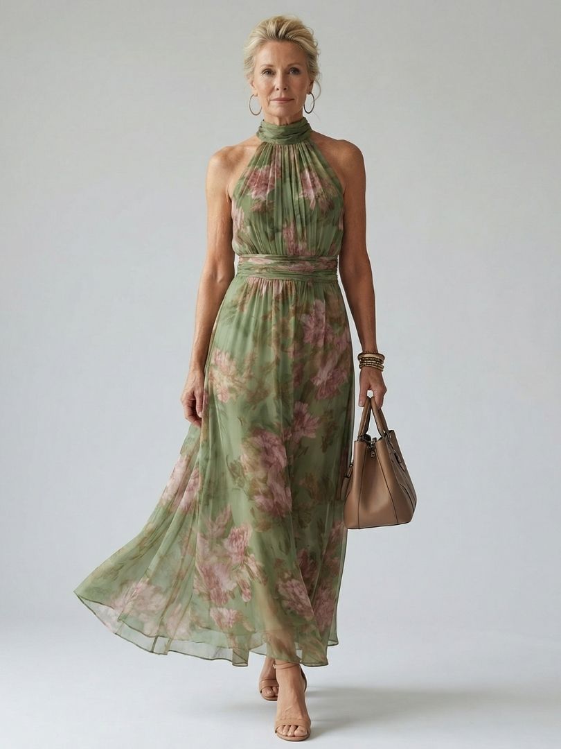 Mirelle™ Gathered Halter Midi Dress - Sage Green