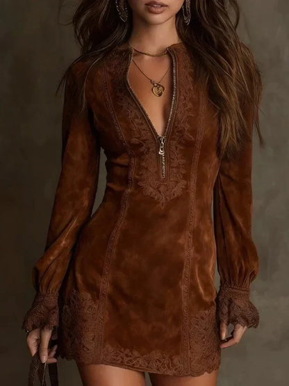 Short Suede Lace Dress Feminine & Sophisticated