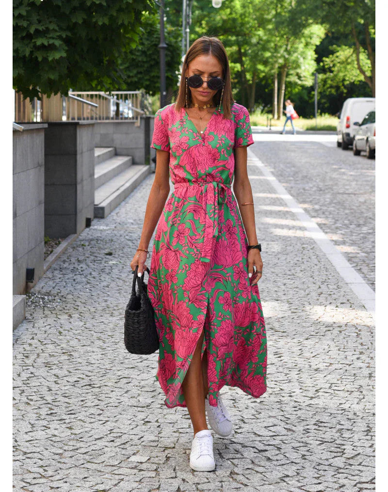 Julia V-Neck Dress - Pink & Green