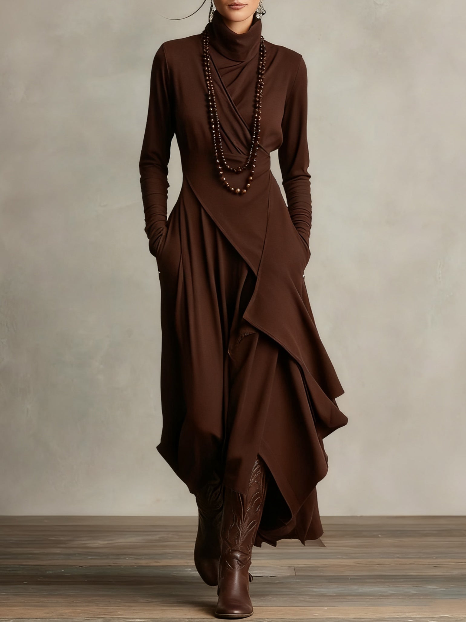 Arielle Vintage Asymmetrical Turtleneck Dress Brown