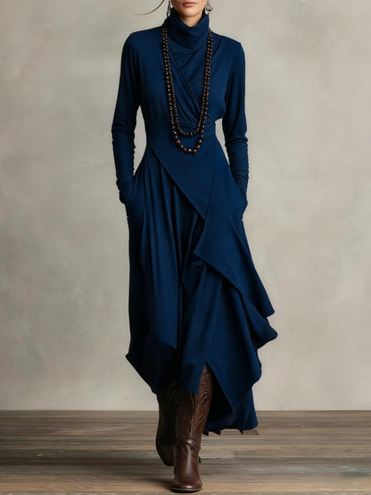 Arielle Vintage Asymmetrical Turtleneck Dress Navy Blue