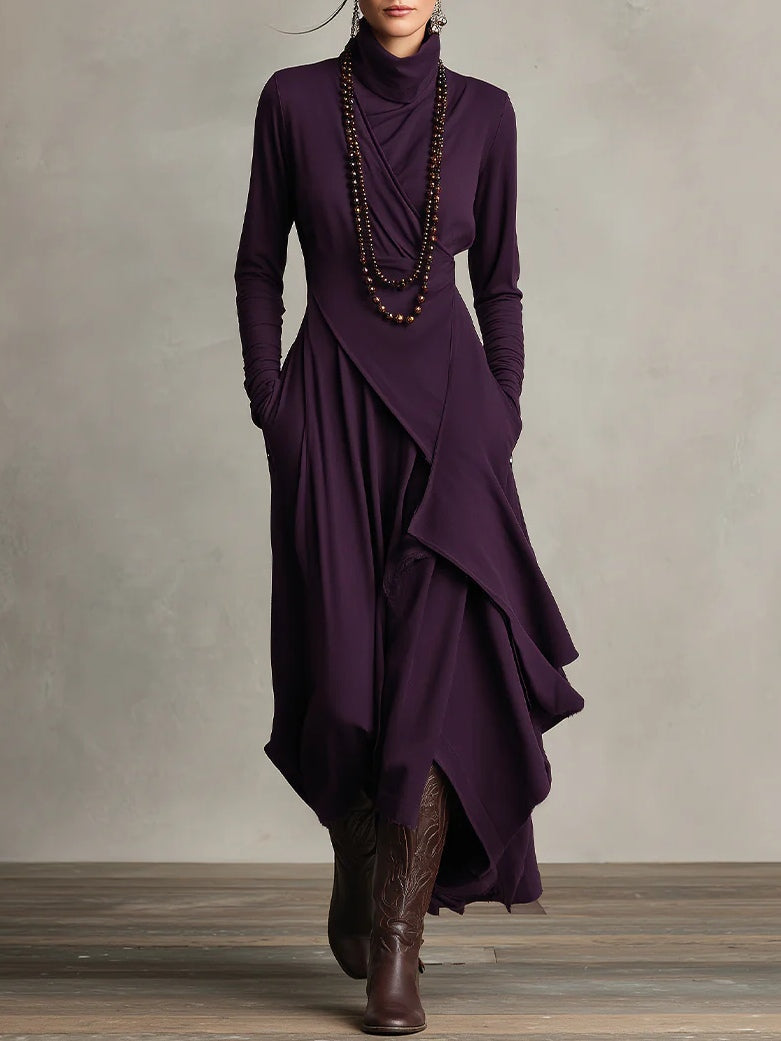 Arielle Vintage Asymmetrical Turtleneck Dress Purple