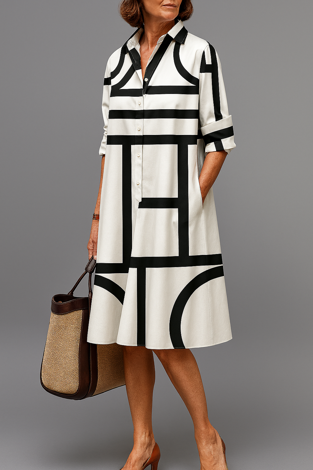 Annette Elegant Midi Dress — Black & White