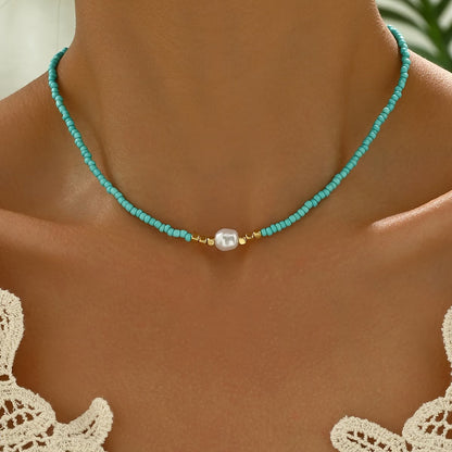 Minimal Turquoise and Pearl Necklace - Turquoise