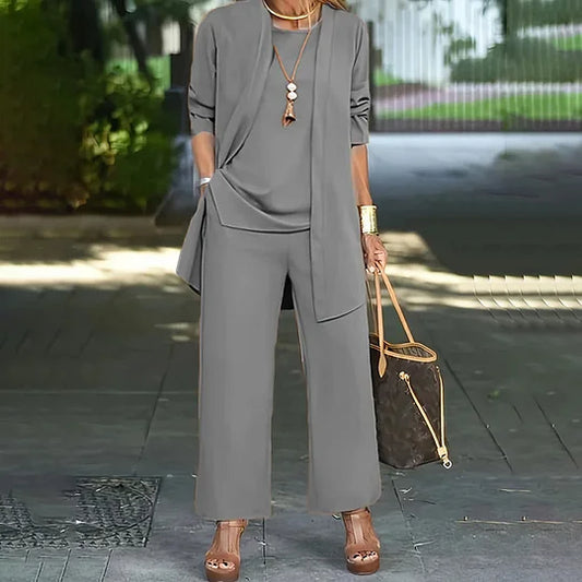 Laney™ Elegant Casual Three-Piece Set | Coordinated Top, Cardigan & Wide-Leg Trousers