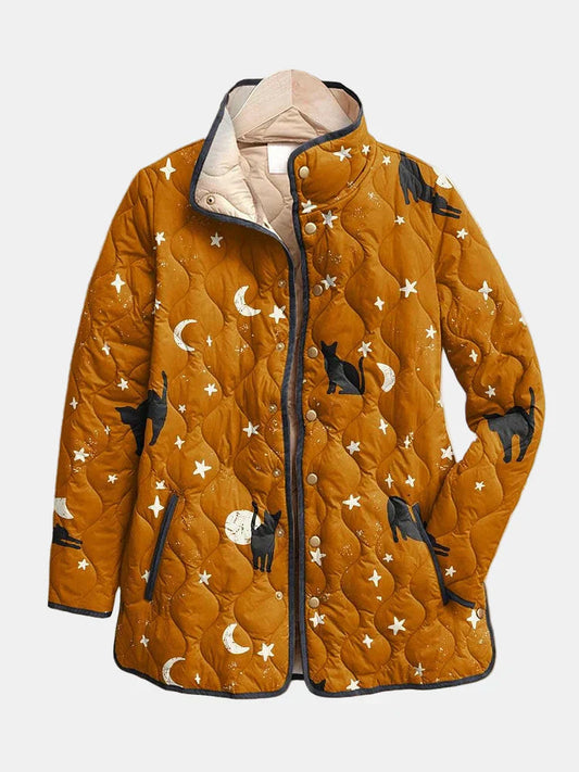 Eira™ Casual Black Cat Halloween Print Quilted Jacket