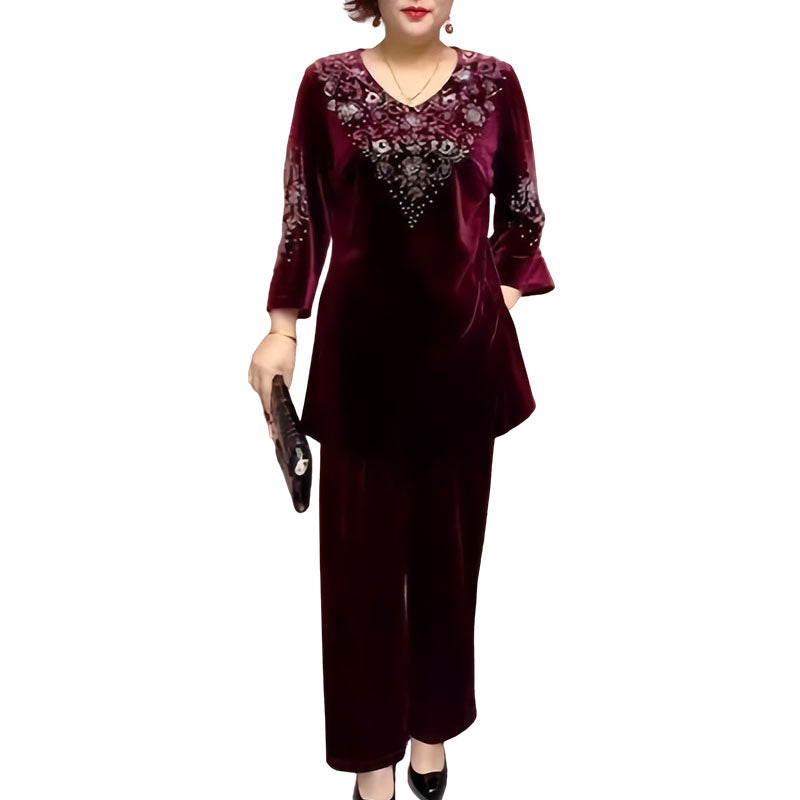 Elvire Elegant Velvet Two-Piece Set - Burgundy